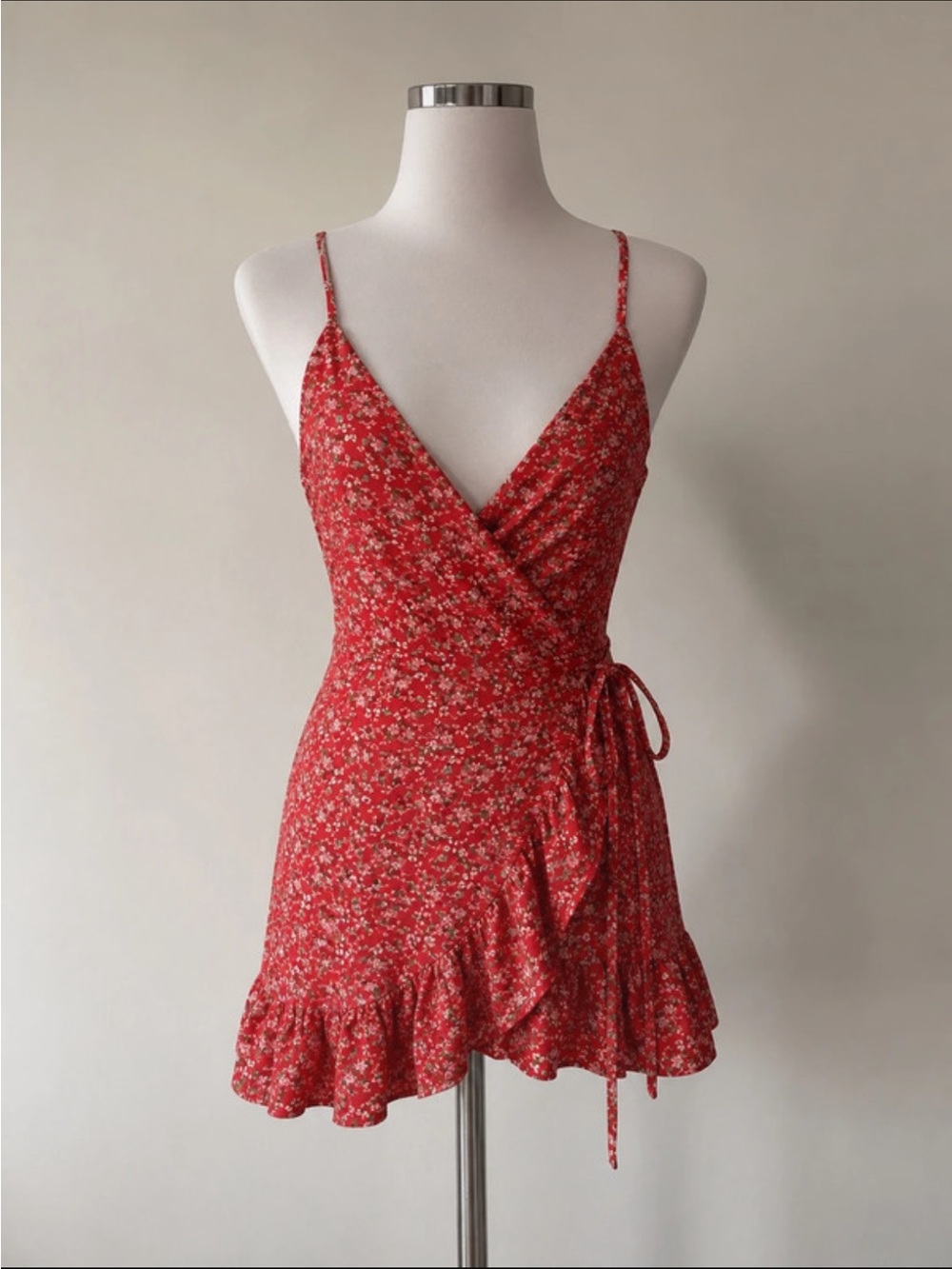 Free People Red Floral Wrap Mini Dress with Ruffle Hem